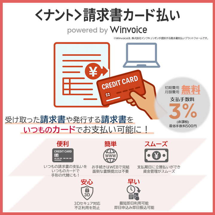 受け取った請求書や発行する請求書をいつものカードでお支払い可能に！初期費用・月額費用は無料、支払手数料3％などの利点を紹介。