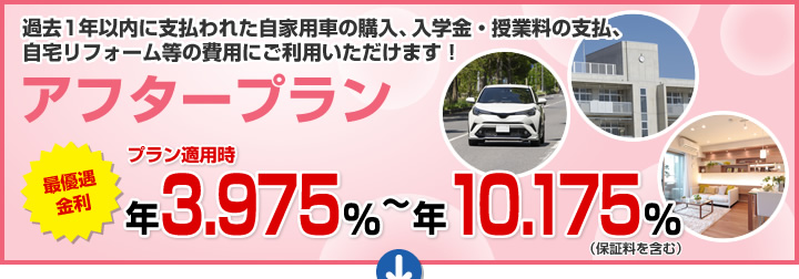 ビッグパーソナルローン「アフタープラン」 最優遇適用金利 プラン適用時最大引き下げ金利 年3.575～年9.775％（保証料を含む）