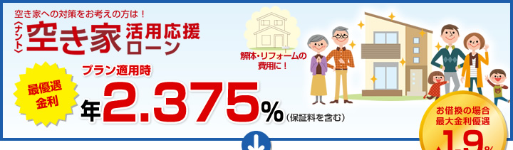 空き家への対策をお考えの方は！ 空き家活用応援ローン 最優遇適用金利 プラン適用時最大引き下げ金利 年1.975%（保証料を含む）