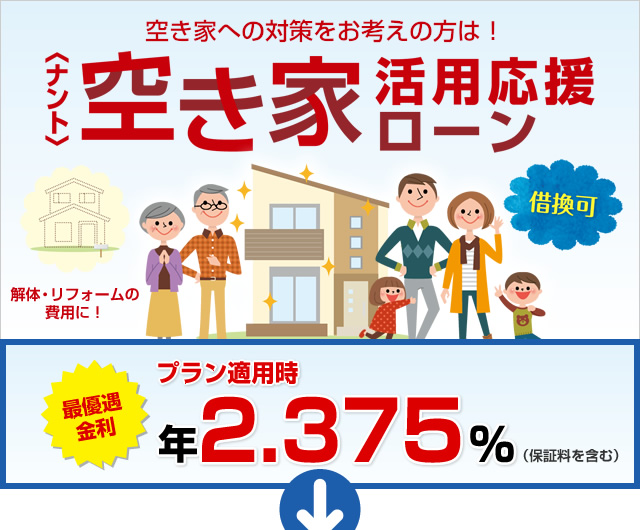 空き家への対策をお考えの方は！ 空き家活用応援ローン 最優遇適用金利 プラン適用時最大引き下げ金利 年1.975%（保証料を含む）