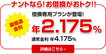 ナントなら！お借換がおトク！！借換専用プランが登場！最優遇適用金利 年１．７７５％　通常金利 年3.775%　詳細はこちら