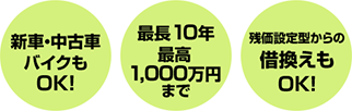 新車・中古車バイクもOK！　最長10年 最高1,000万円まで　残価設定型からの借換えもOK！