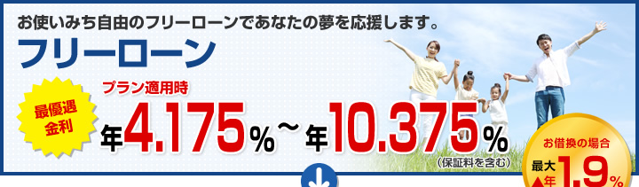 お使いみち自由のフリーローンであなたの夢を応援します。 フリーローン 最優遇適用金利 プラン適用時最大引き下げ金利 年3.775%～年9.975%（保証料を含む）