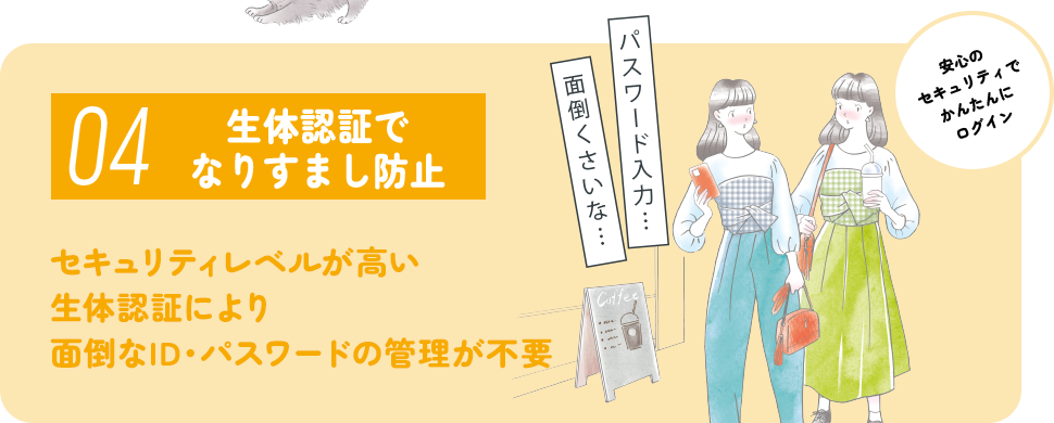 04 生体認証でなりすまし防止 セキュリティレベルが高い生体認証により面倒なID・パスワードの管理が不要