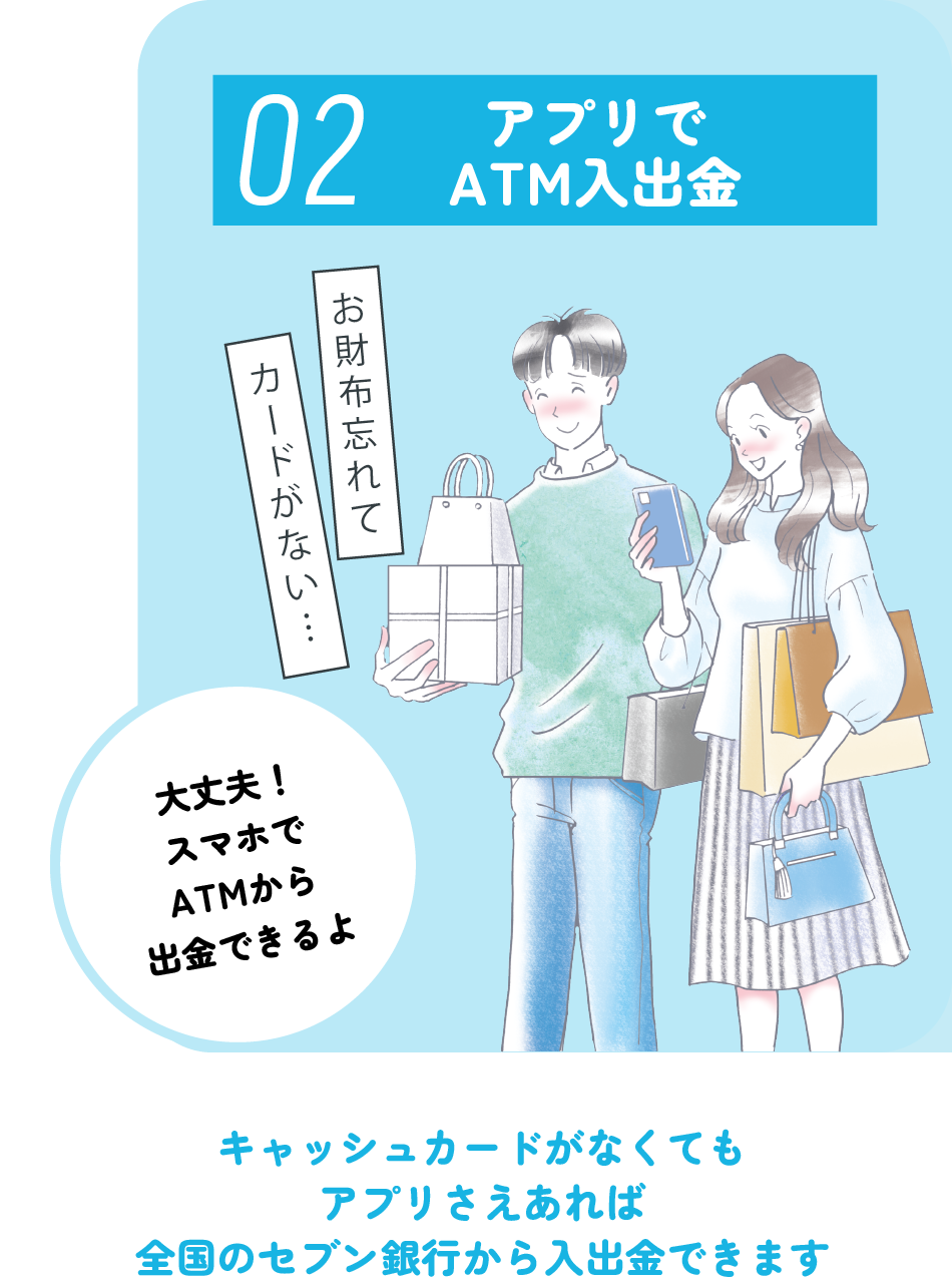 02 アプリでATM入出金 キャッシュカードがなくてもアプリさえあれば全国のセブン銀行から入出金できます