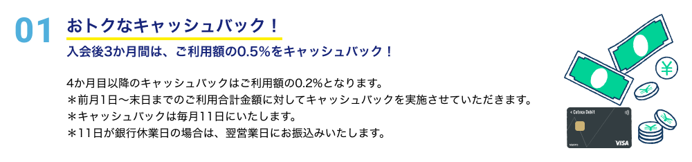 おトクなキャッシュバック！ 入会後3か月間は、ご利用額の0.5％をキャッシュバック！