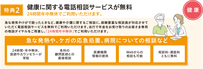 特典2　健康に関する電話相談サービスが無料 24時間年中無休でご利用いただけます。