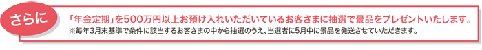 さらに「年金定期」を500万円以上お預け入れいただいているお客さまに抽選で景品をプレゼントいたします。※毎年3月末基準で条件に該当するお客さまの中から抽選のうえ、当選者に5月中に景品を発送させていただきます。
