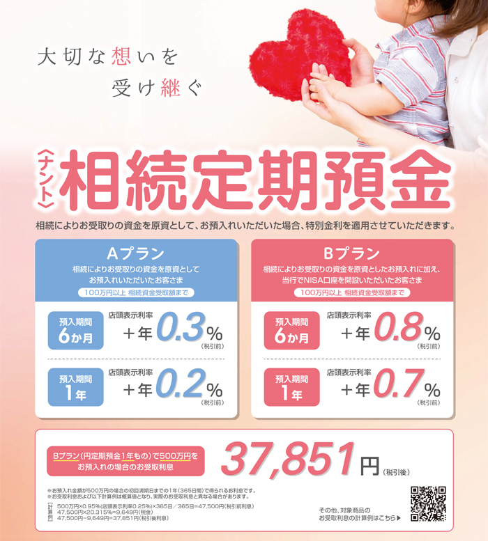 ＜ナント＞相続定期預金 相続により取得された資金を原資として、お預入れいただいた場合、特別金利を適用させていただきます。