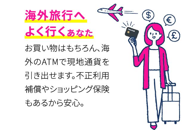 海外旅行へよく行くあなた お買い物はもちろん、海外のATMで現地通貨を引き出せます。不正利用補償やショッピング保険もあるから安心。