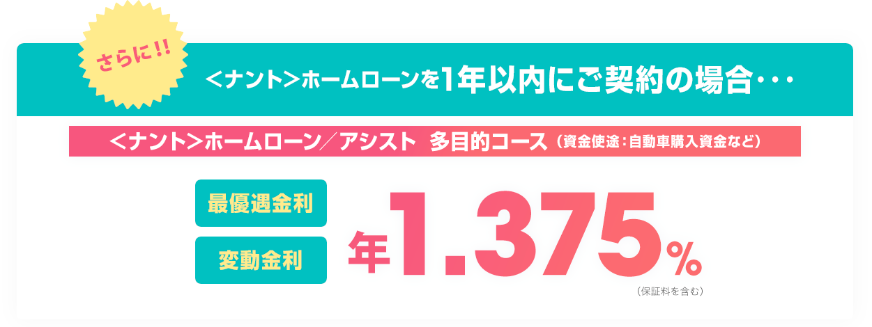 さらに!!＜ナント＞ホームローンを1年以内にご契約の場合・・・