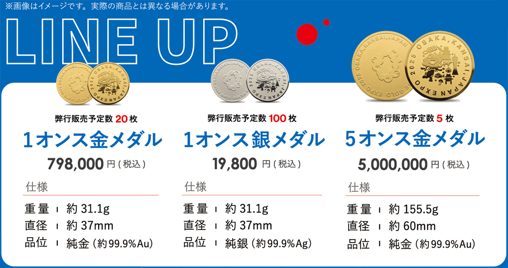 ラインナップ：1オンス金メダル 798,000円(税込)、1オンス銀メダル 19,800円(税込)、5オンス金メダル 5,000,000円(税込)。